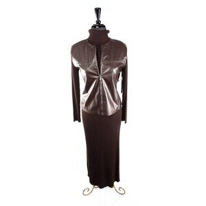 Vtg 2 Piece Paraphrase Maxi Brown Turtle Neck Dress With Faux Leather Vest M